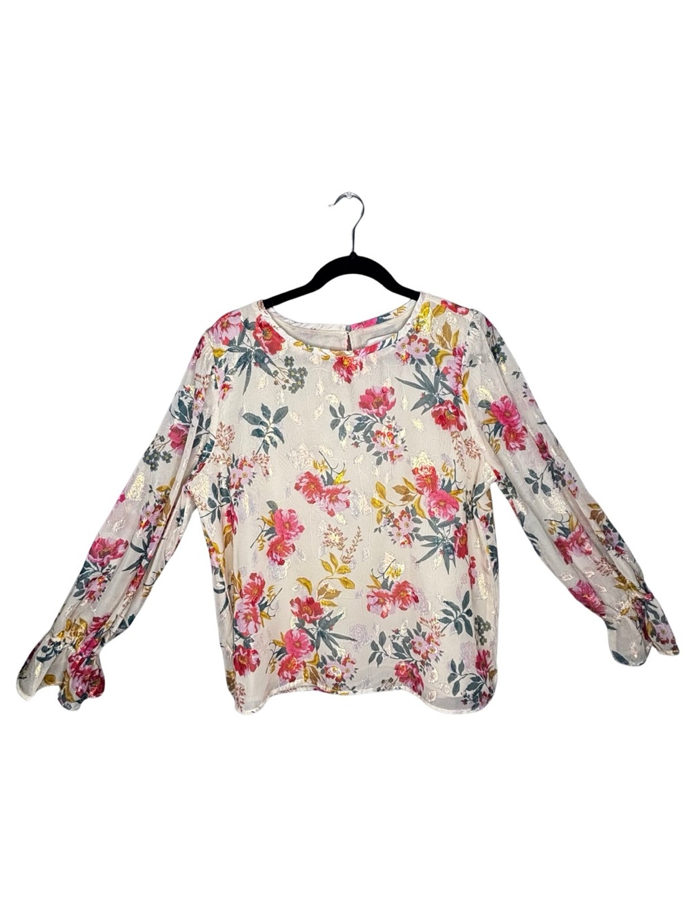 LOFT Cream Floral Long-Sleeve Blouse with Pink & Yellow Flowers